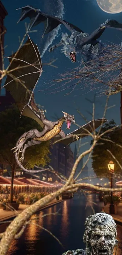 Fantasy dragons flying over a city at night with a full moon.