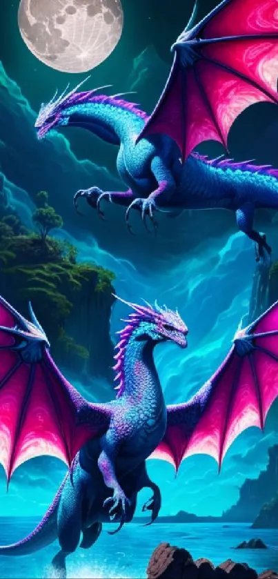 Two vibrant dragons soar under a full moon in a fantasy landscape.