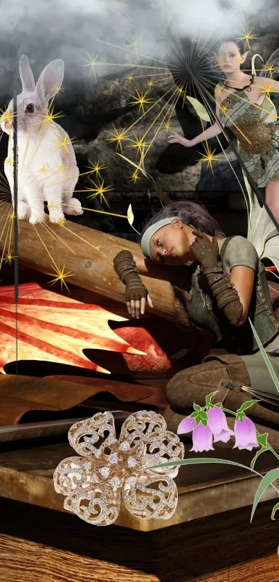 Whimsical fantasy scene with fairies and a dreaming figure, set in nature.