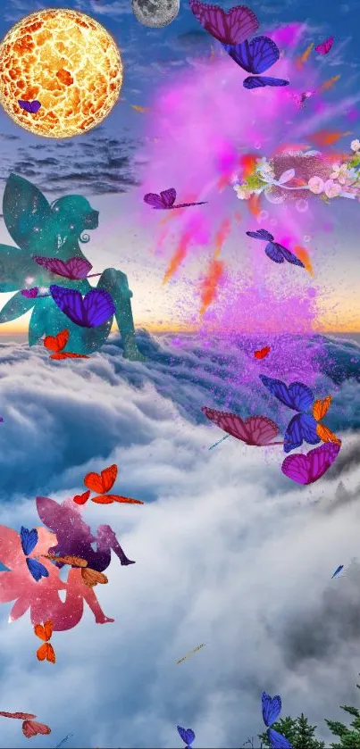 Fantasy wallpaper with butterflies and mystical elements against a dreamy sky.