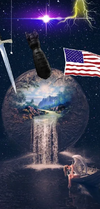Fantasy wallpaper with waterfall and starry sky in dark blue tones.