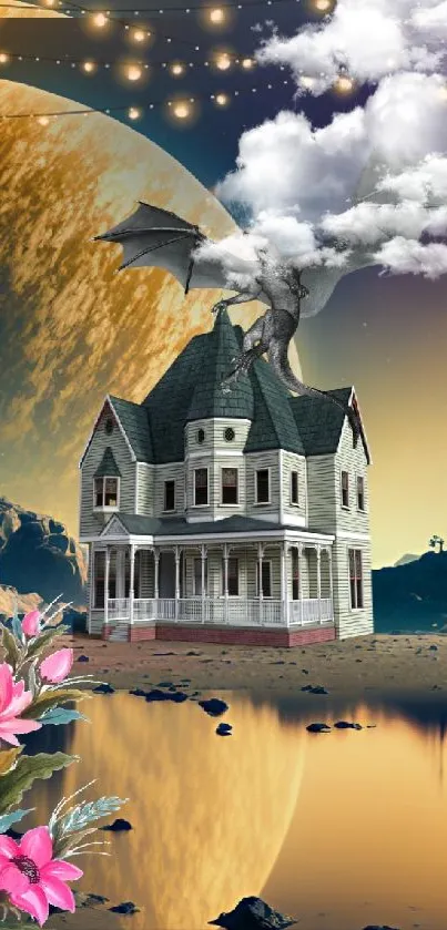 Surreal fantasy nightscape with dragon and mystical house on mobile wallpaper.