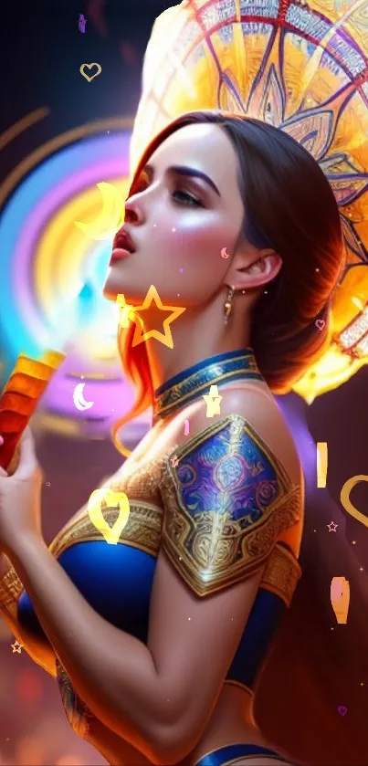 Vibrant fantasy image with gold and colorful accents for phone wallpaper.