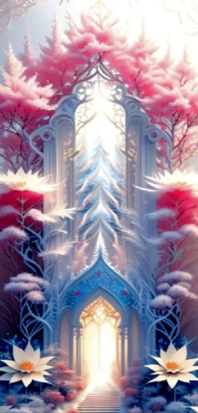 Fantasy dreamscape wallpaper with pink and blue tones, featuring trees and flowers.