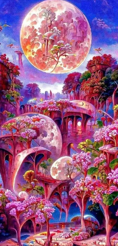 Fantasy landscape with moons and pink trees.