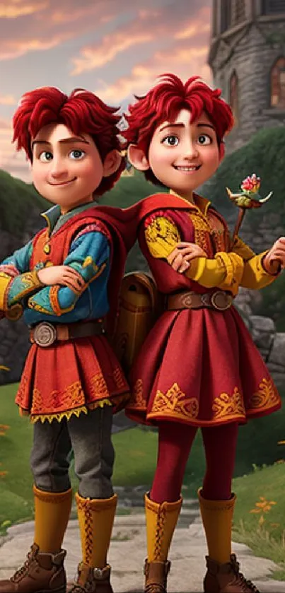 Fantasy animated duo in colorful medieval landscape, perfect for your phone screen.