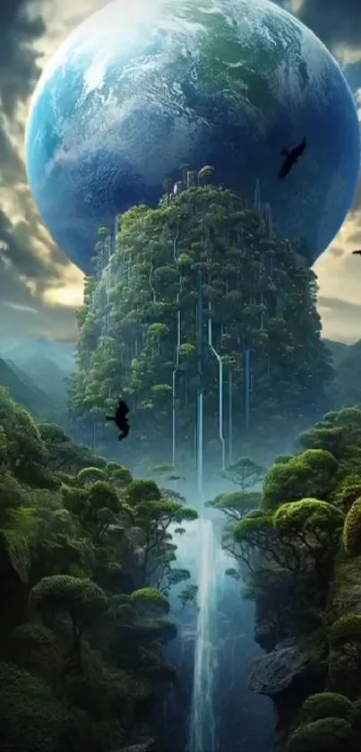 Fantasy landscape with green mountain and Earth-like planet.