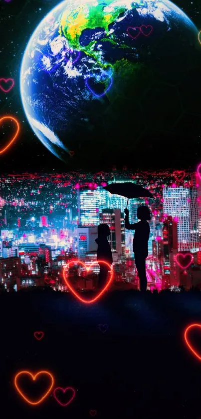 Fantasy Earth and city at night wallpaper with neon lights.