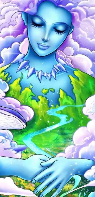 Fantasy earth spirit surrounded by clouds, stars, whale, and nature.