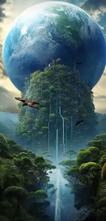 Mystical landscape with Earth globe hovering over a lush mountain.