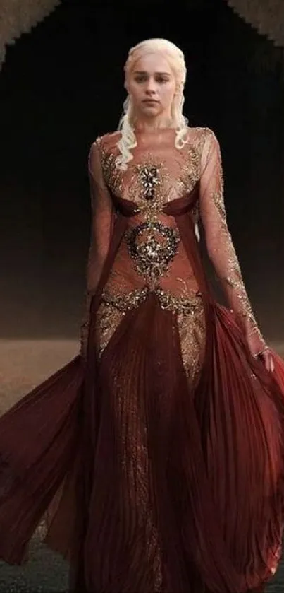 Fantasy figure in dark red gown with elegant details, perfect phone wallpaper.