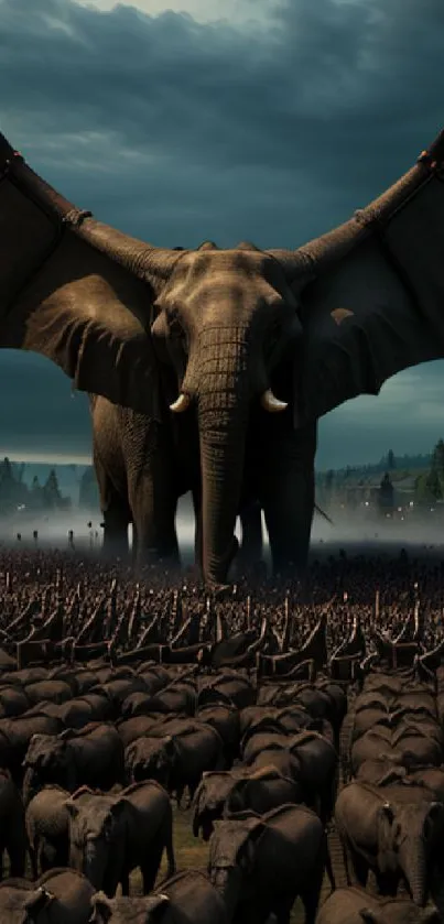 Fantasy scene with a winged elephant leading a herd under a dark teal sky.