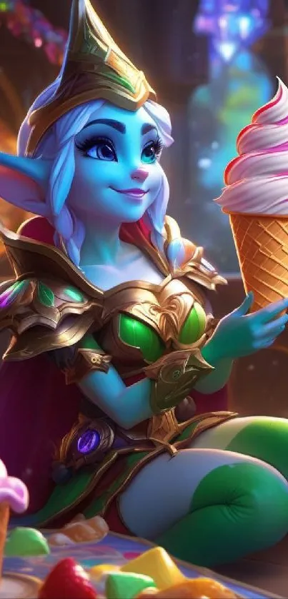 A fantasy elf enjoying ice cream in a vibrant, magical setting.