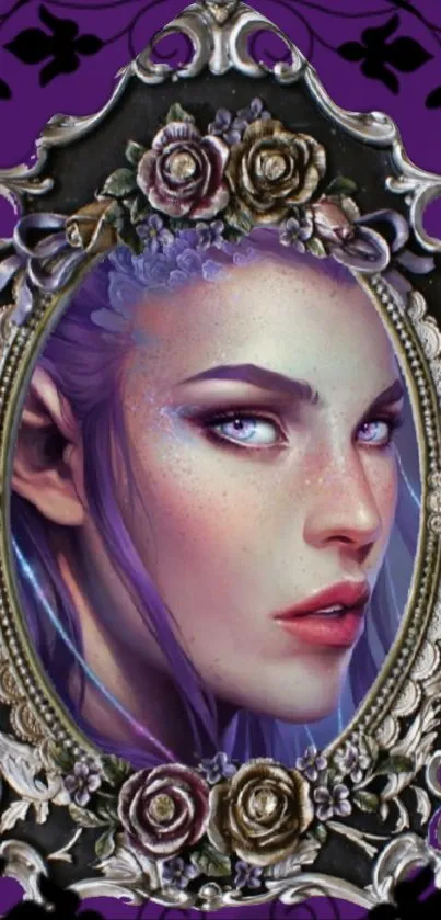 Fantasy elf portrait in vintage mirror frame with purple background.