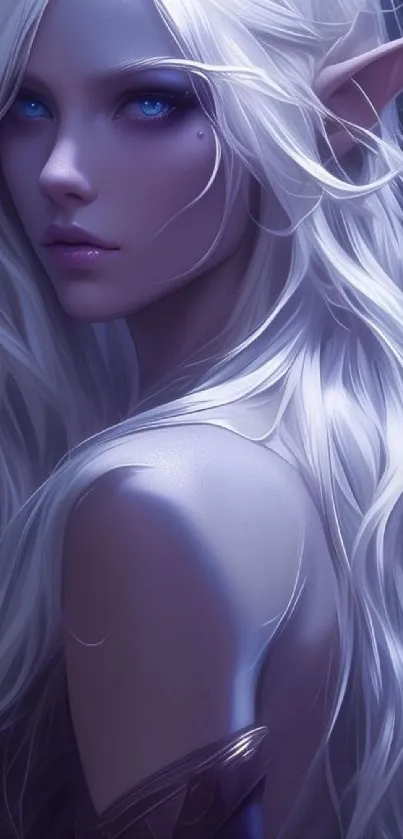 Fantasy elf with white hair and blue eyes on a mystical mobile wallpaper.