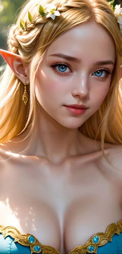 Fantasy elf with golden hair and blue eyes in a nature setting.