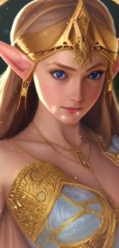 Fantasy elf princess with golden armor in a mystical setting.