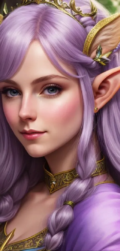 Fantasy elf princess with lavender hair and a crown, set in a forest.