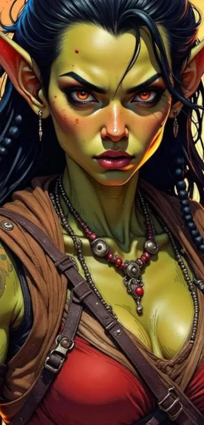 Vivid fantasy elf warrior with green skin and intense gaze.