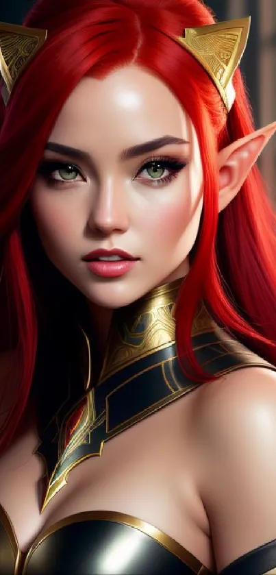 Red-haired fantasy elf warrior with gold armor and elf ears.