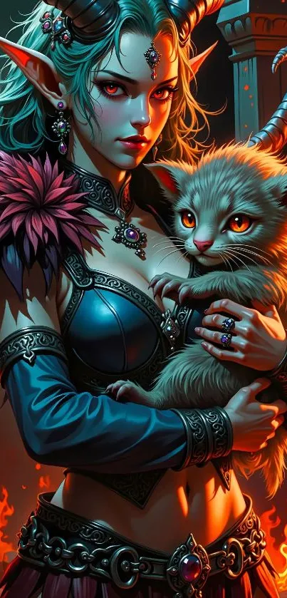 Fantasy elf holding a magical creature with fiery background.