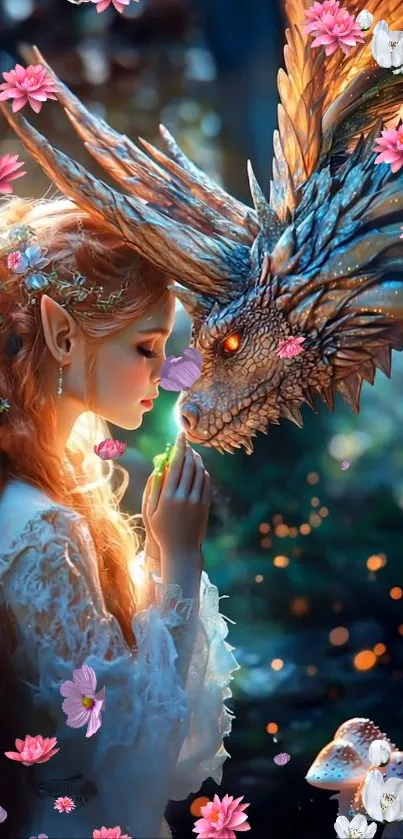 Elf woman with dragon surrounded by flowers in a fantasy scene.