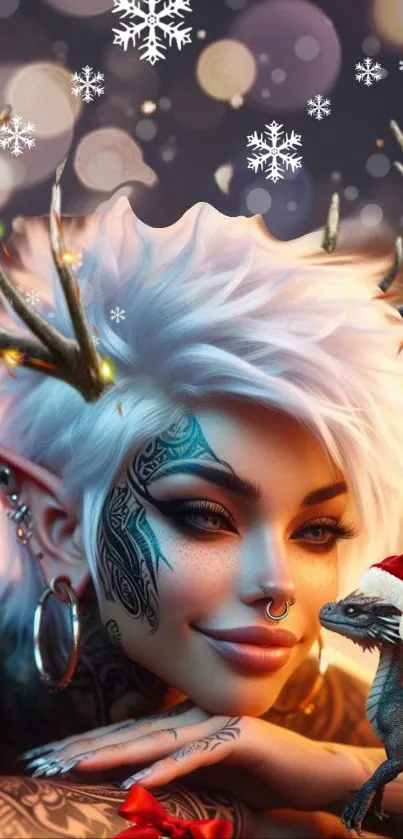 Fantasy elf with antlers and a tiny dragon wearing a Santa hat in a whimsical setting.