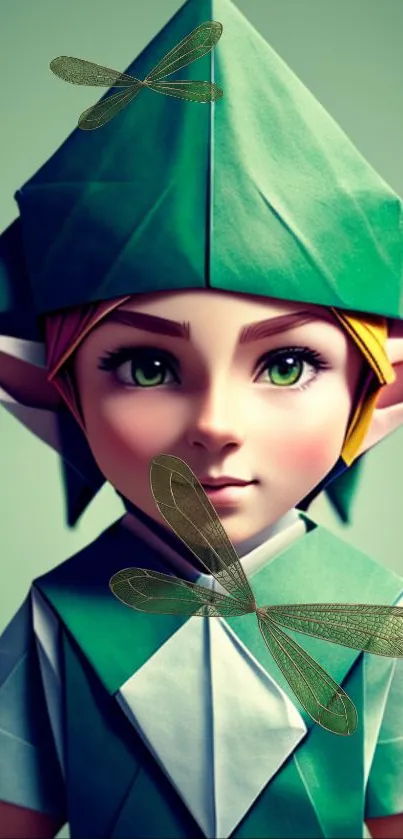 Fantasy elf in green with dragonflies on a mobile wallpaper.