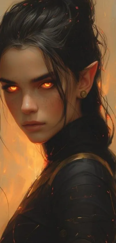 Fantasy elf with fiery eyes and dark attire in a captivating scene.