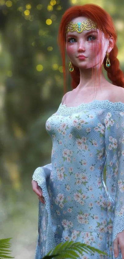 Fantasy elven maiden with red hair in a floral blue dress, set in nature.