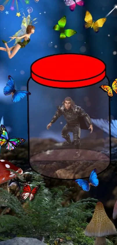 Fantasy wallpaper with fairies, butterflies, and a man encased in a jar.