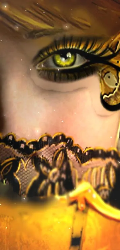 Fantasy eye with gold lace detail, mobile wallpaper.