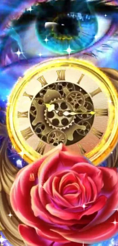 Fantasy wallpaper with eye, clock, and rose design.