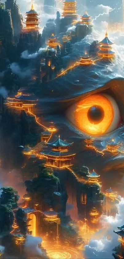 Fantasy mountain with glowing eye and clouds.