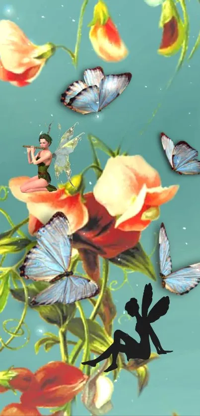 Fairy playing flute with butterflies and flowers in teal setting.