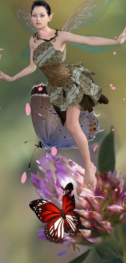 Fantasy fairy dancing with butterfly and floral backdrop.