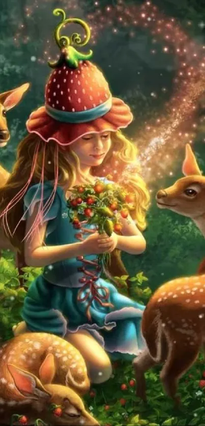 Strawberry-capped fairy with deer in a glowing forest setting.