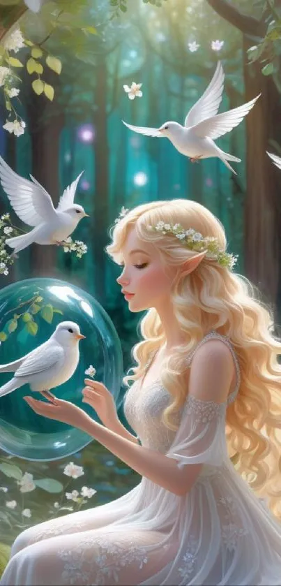 Blonde fairy in a mystical forest with doves and magical atmosphere.