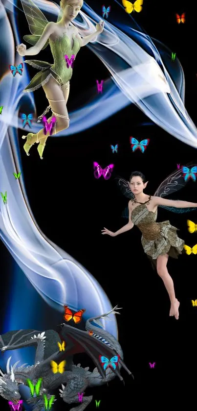 Fantasy wallpaper with fairies and a dragon amidst colorful butterflies.