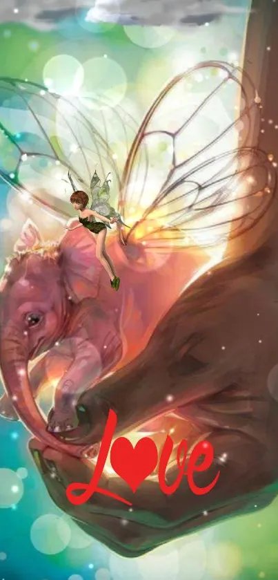 Fantasy wallpaper of fairy and elephant in magical hands.