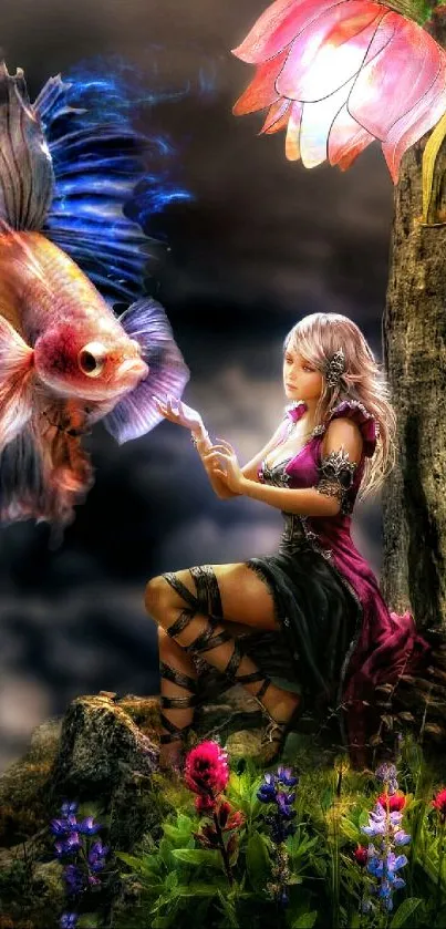 Fantasy art with fairy, fish, and glowing flower.