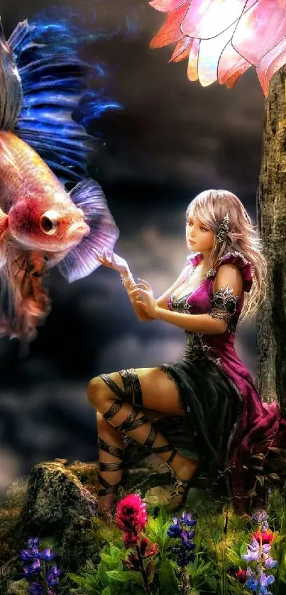 Fantasy artwork featuring a fairy and a vibrant fish under a colorful flower.