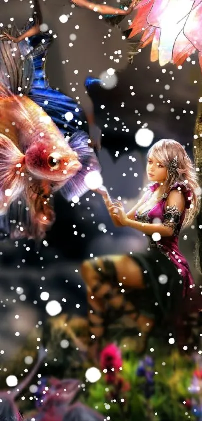 Fairy meets giant fish in snowy fantasy forest.