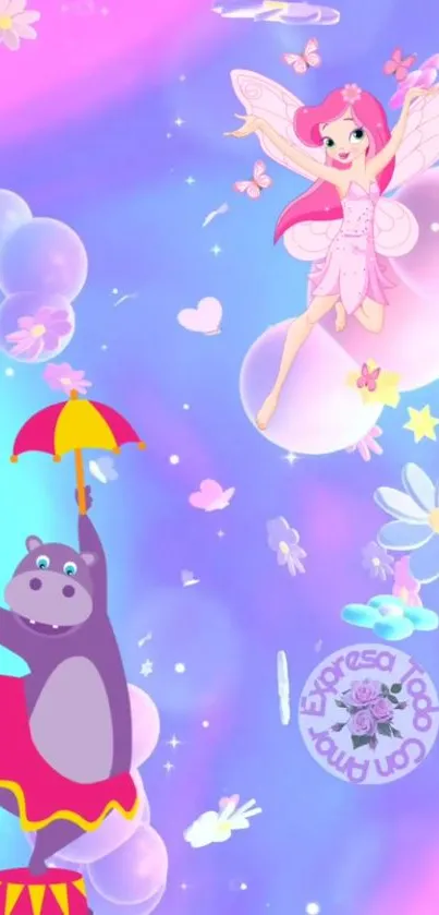 Colorful wallpaper with fairy and circus hippo.