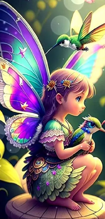 Fantasy fairy with hummingbirds mobile wallpaper.