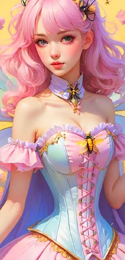 Anime fairy with pink hair and wings in a vibrant fantasy setting.