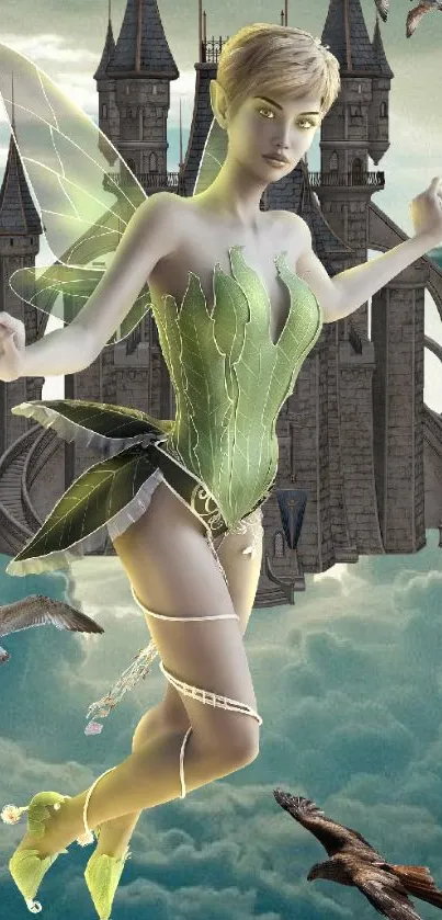 Fantasy fairy in green dress with a castle and birds.