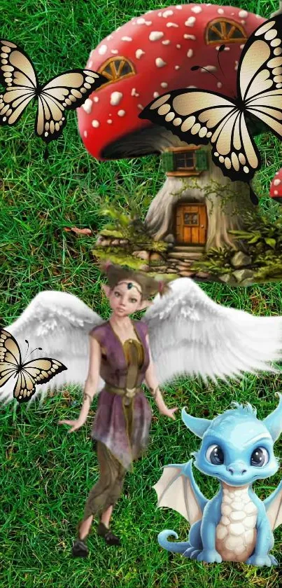 Fantasy wallpaper with fairy, dragon, mushrooms, and butterflies in lush garden.