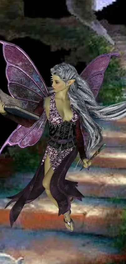 A fantasy fairy with purple wings in an enchanted forest setting.