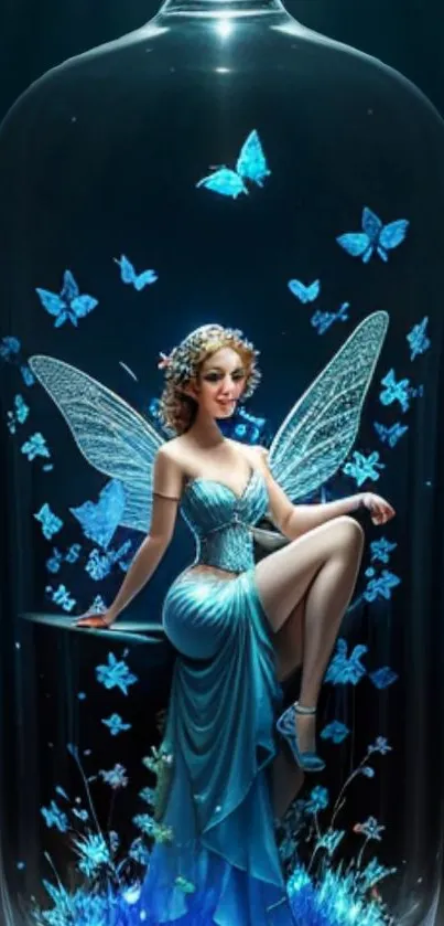 Enchanting fairy in a glass bottle with butterflies and blue hues.